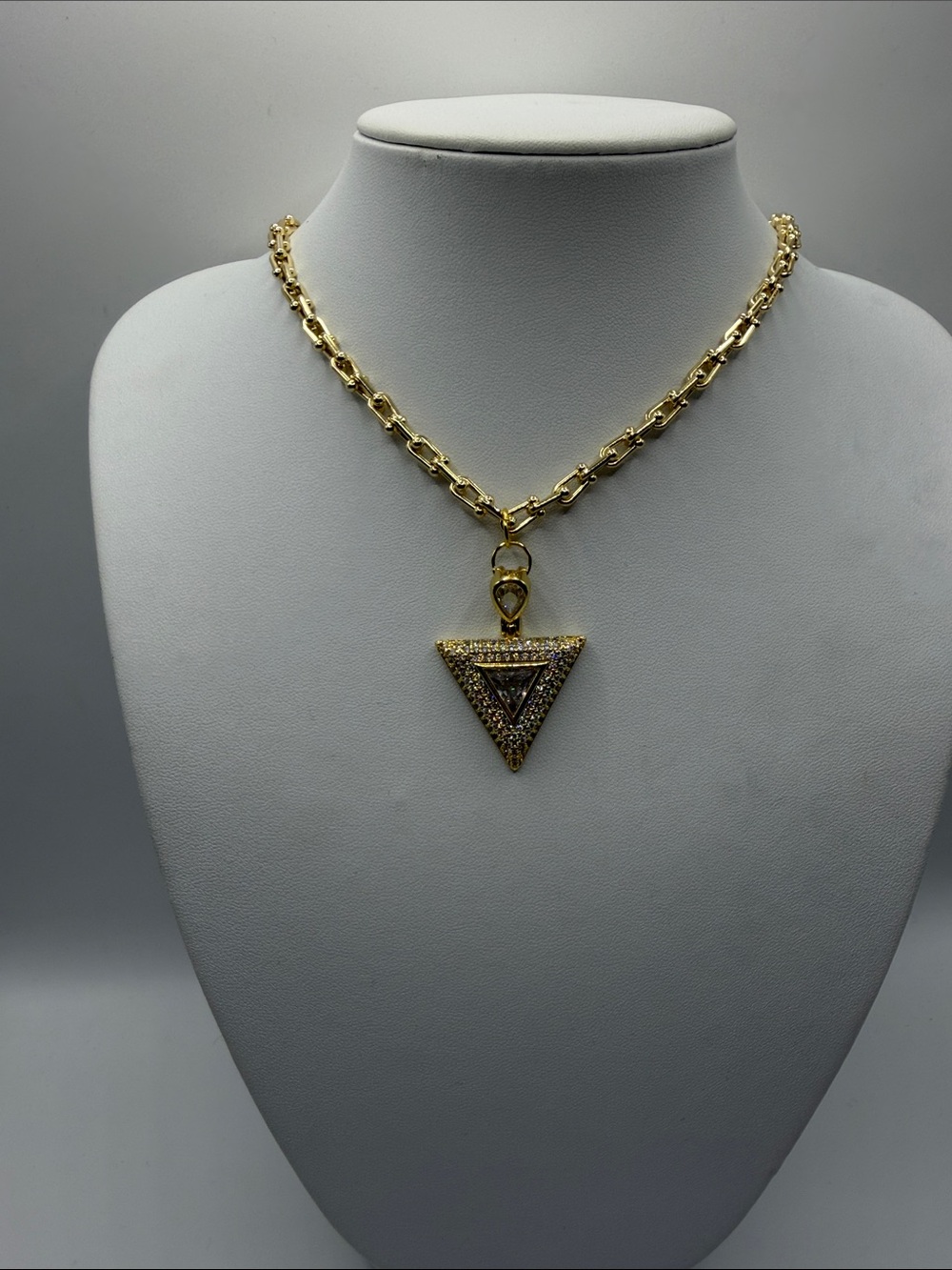 143. 18k Gold Plated Triangle Pavé Pendant Necklace 19” - 21”